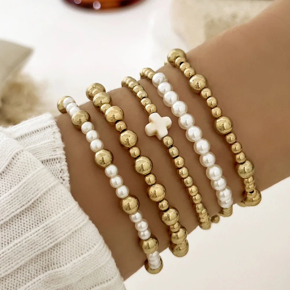 5Pcs/Set Bohemia Golden Beaded Bracelets For Women Artificial Pearls Stackable Stretch Bead Ball Bracelet Cross Jewelry Set Gift