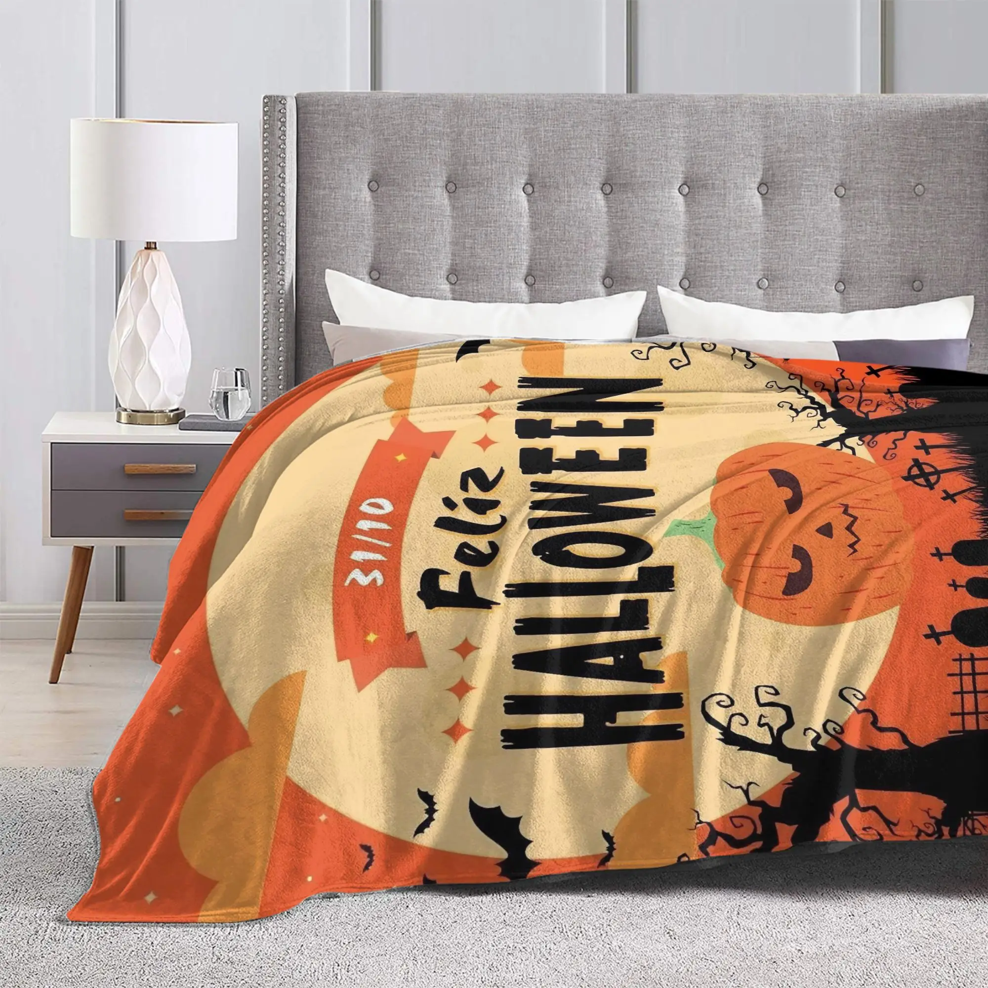 Horror Pumpkin Halloween Blankets Fleece Air Conditioning Death Cross Multi-function Soft Throw Blankets for Bed Bedding Throws