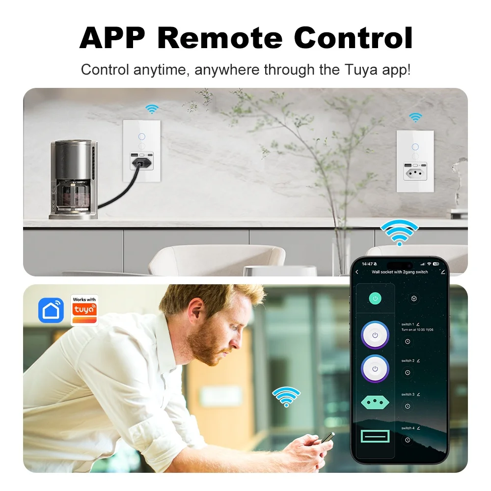 Manhot WIFI 16A Smart Brazil Socket Type C USB Port with 1/2 Gang Touch Light Switch Outlet Voice Control Work Alexa Google Home