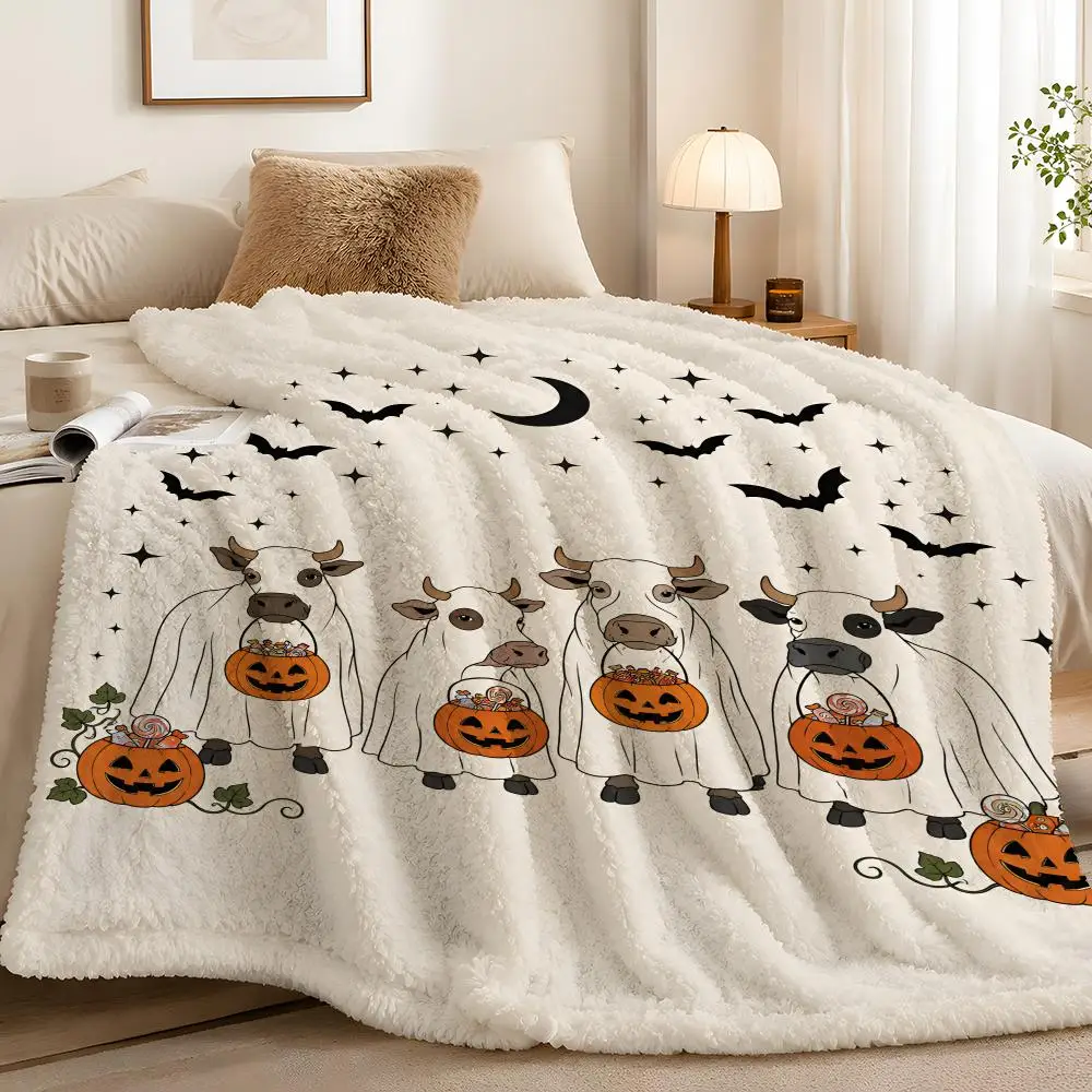 Ghost Cow Halloween Lightweight Flannel Throw Light Warmth Spring Unisex Gift Ready Throw Hotel Room Comfort Throw
