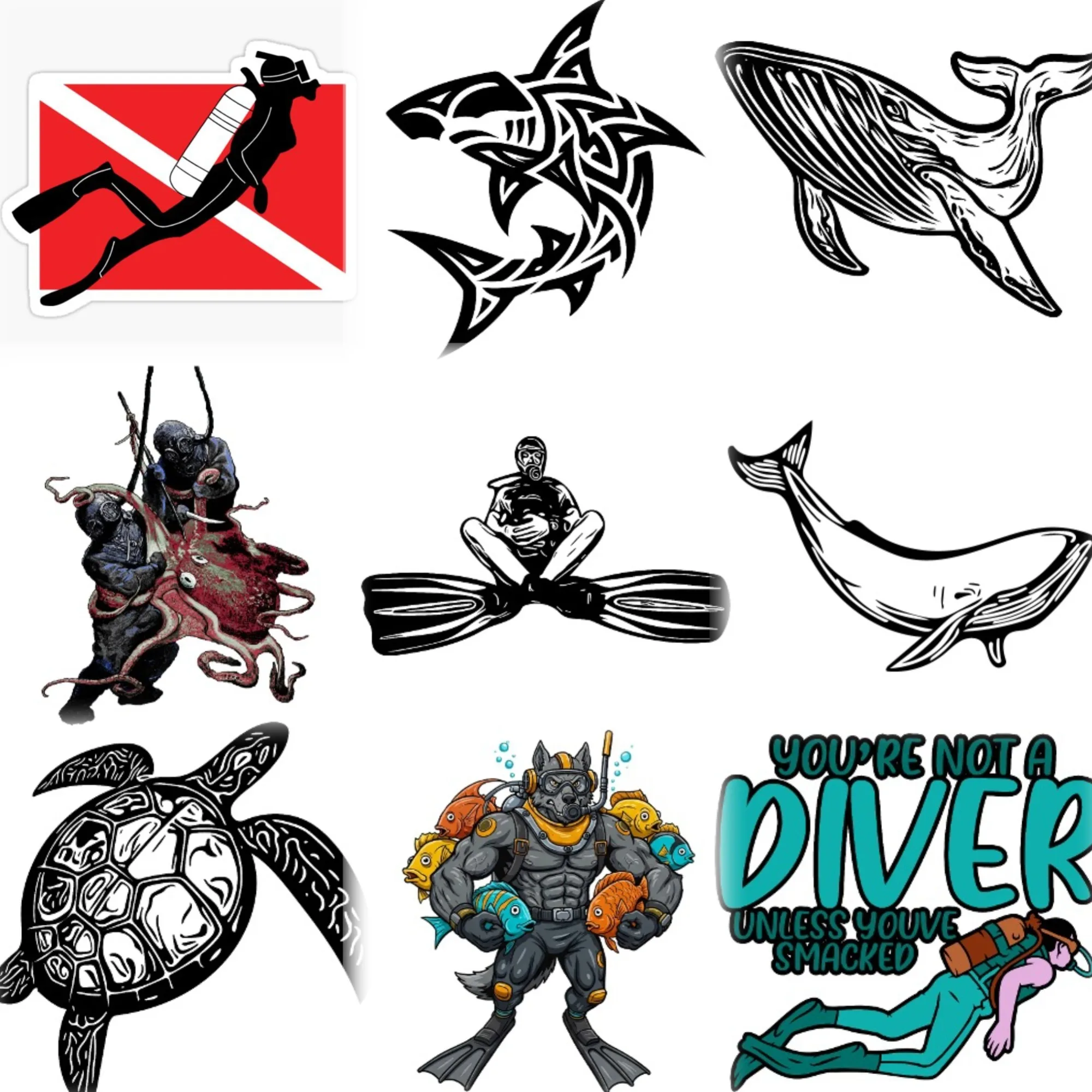 

Scuba Diver Diving Fish Whales Turtles Creative Stickers Accessories Customizable Size Car Van Wall Decal