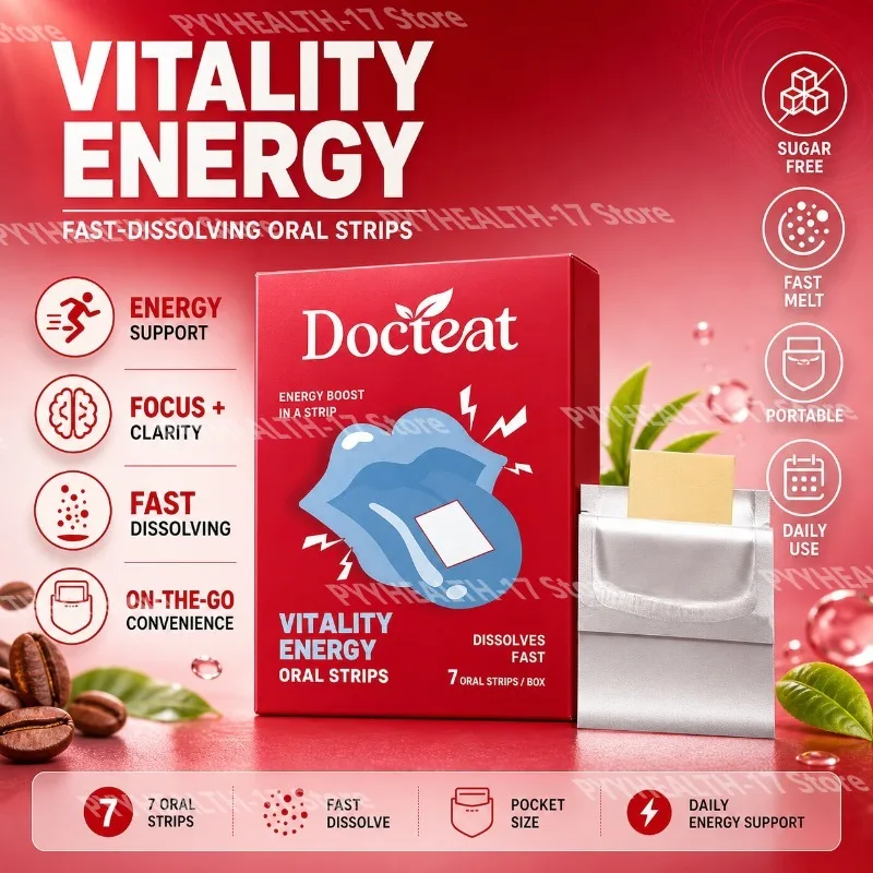 Docteat Vitality Energy Oral Strips Melt-in-Mouth Dissolves Fast  L-Theanine No Water Needed Stay Awake Support 7 Strips
