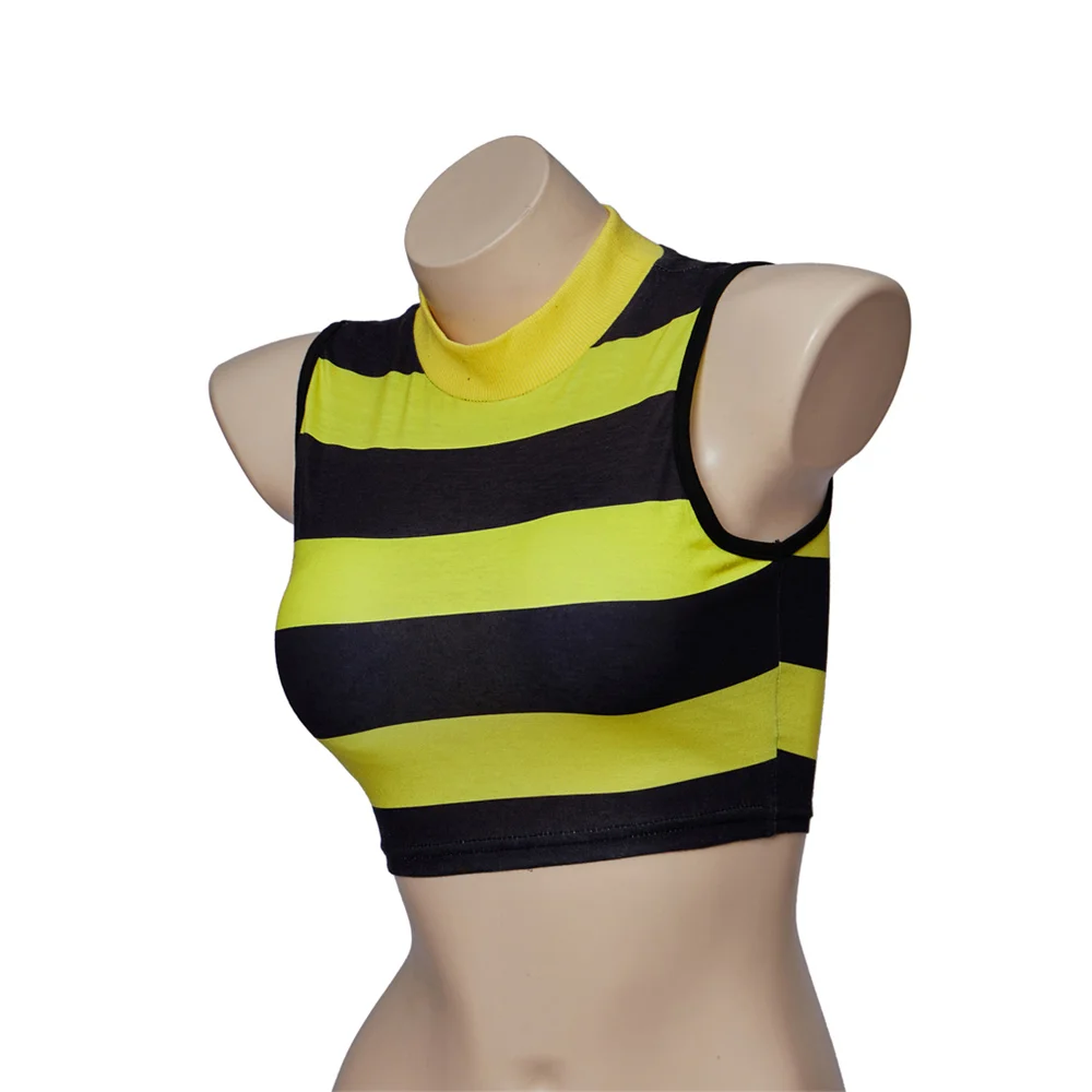 Haut court à rayures jaunes et noires pour femmes et filles, gilet sans manches à col rond, Sexy, pour Halloween, carnaval, fête, Cosplay