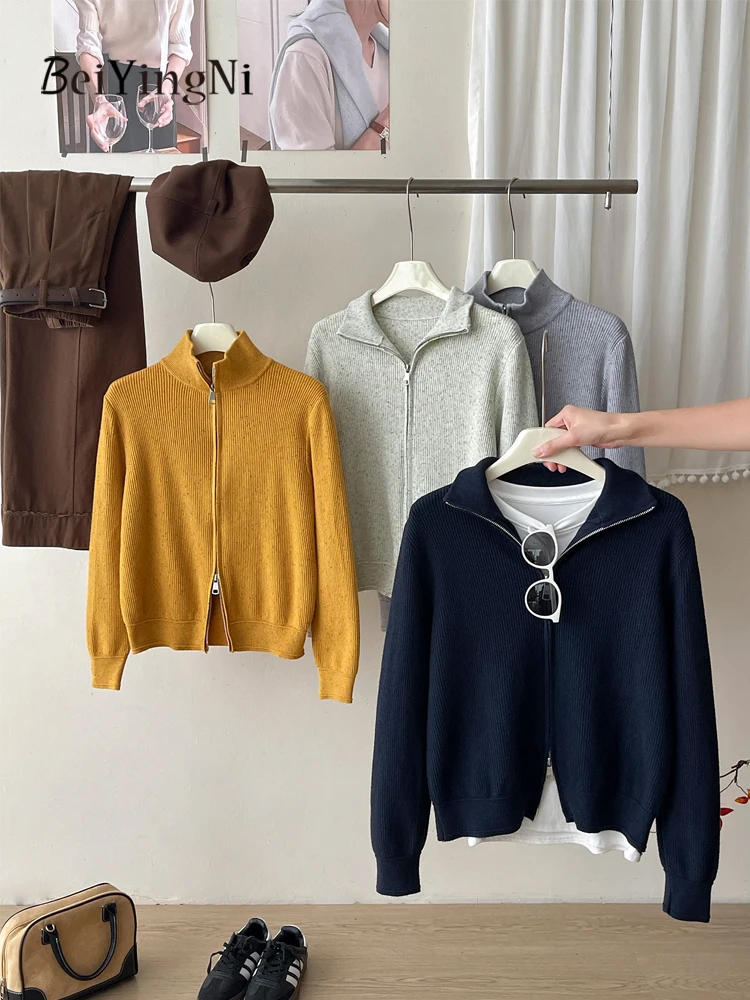 

Beiyingni, осенне-зимний женский свитер Kpop, кашемировый шикарный кардиган с двойной молнией и длинными рукавами, женский повседневный трикотаж с воротником-стойкой