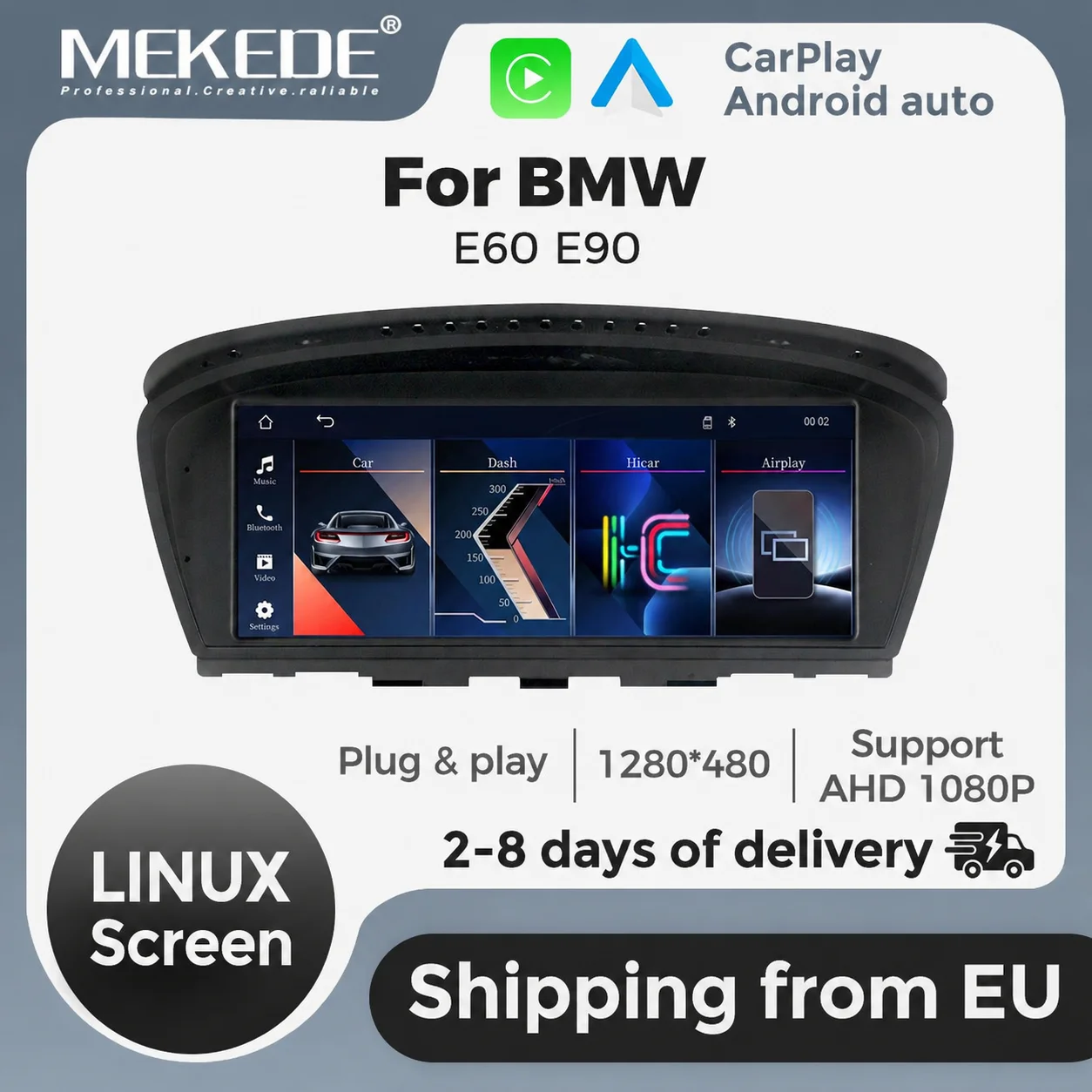 MEKEDE Linux System 8,8" Multimedia-Display-Bildschirm, kabelloses CarPlay, Android Auto für BMW 3er Serie E90 E91 E92 E93, BMW 5er Serie E60 E61 E62 E63 E64, CIC CCC System, 1280*480 All-in-One