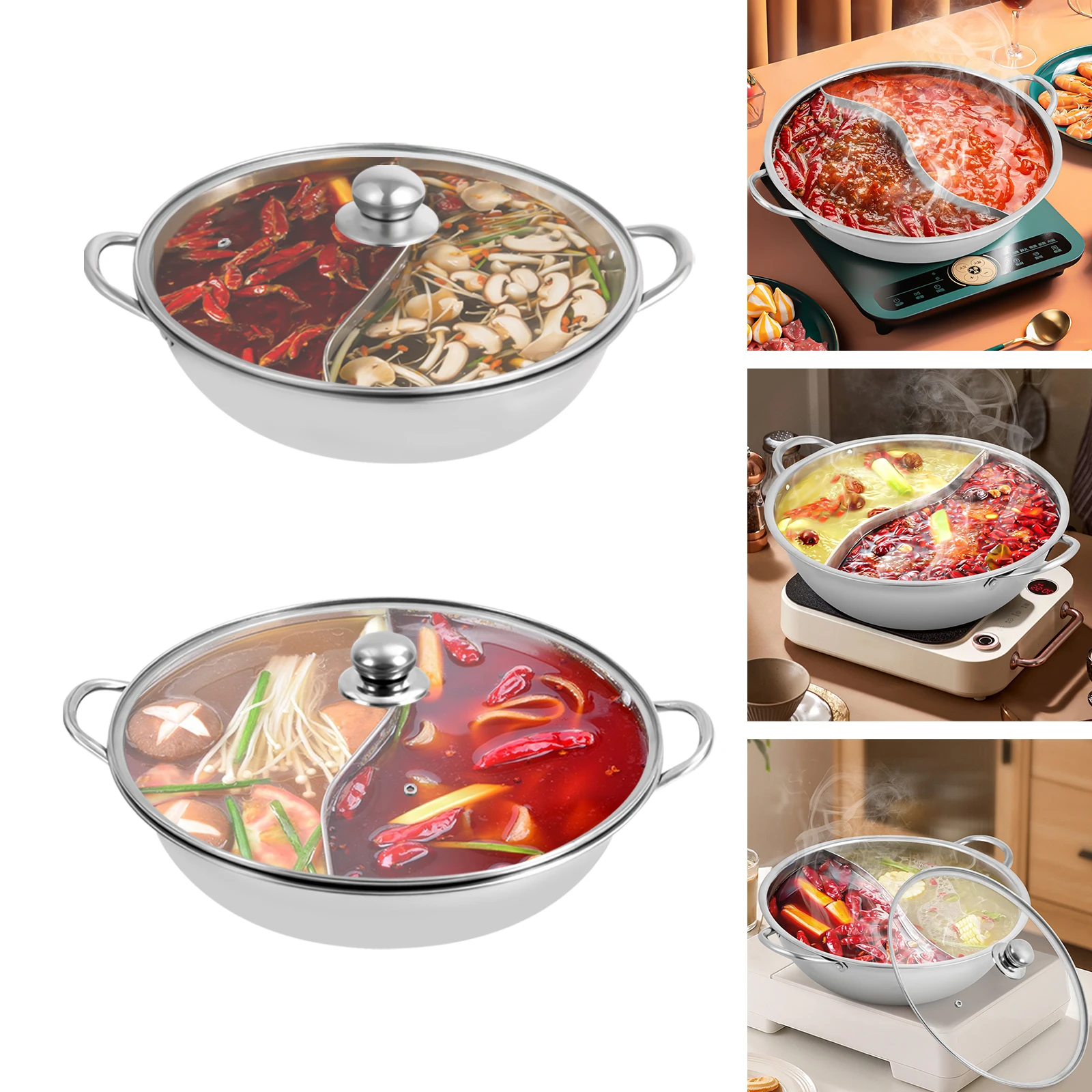 28/34 cm Edelstahl-Hot Pot mit Trennwand, Shabu-Topf mit Glasdeckel, Hot Pot-Set, geeignet für Induktionsöfen, Gasherde – Detail 2