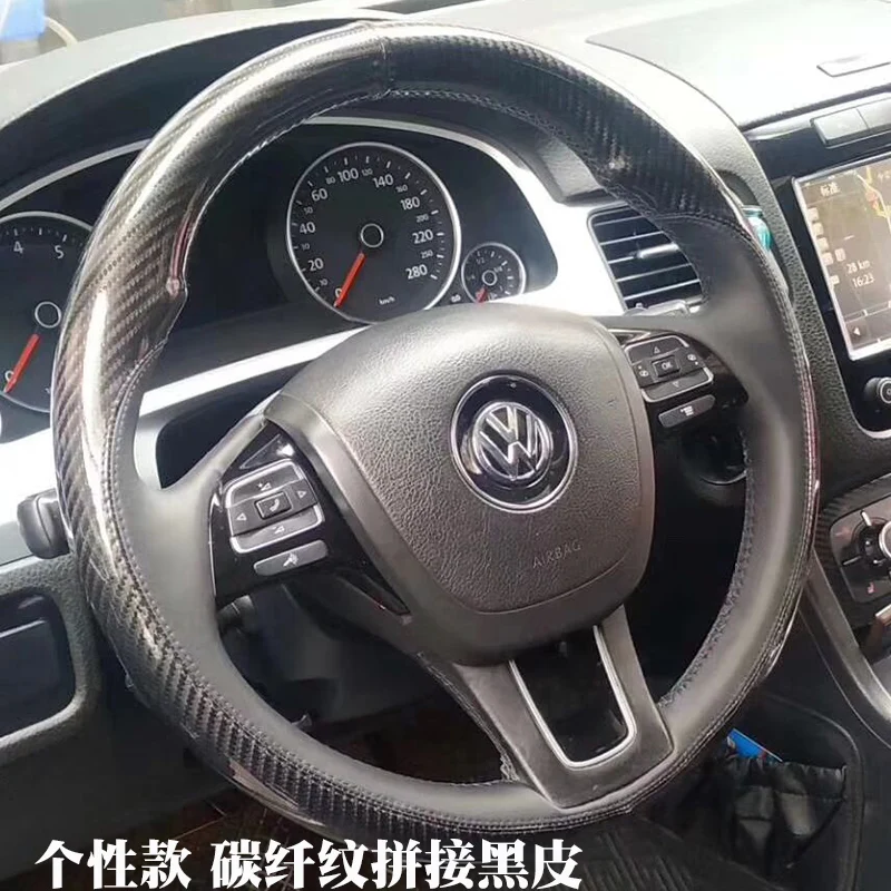 100% Fit For Volkswagen VW Touareg 2011-2023 Auto Parts Hand-stitched black brown Genuine Leather car steering wheel cover