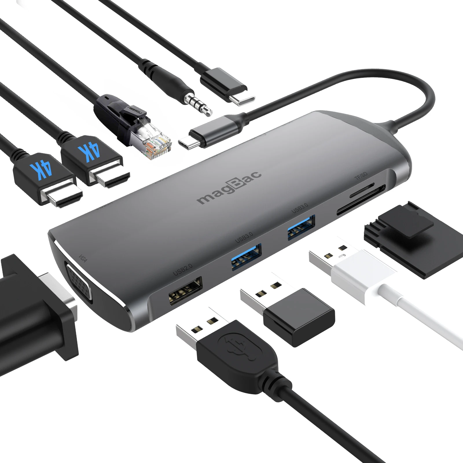 

Док-станция USB C Hub 2x HDMI VGA Ethernet SD TF PD 100 Вт док-станция для ноутбука с тройным дисплеем для Thunderbolt 4/3 MacBook Lenovo Dell