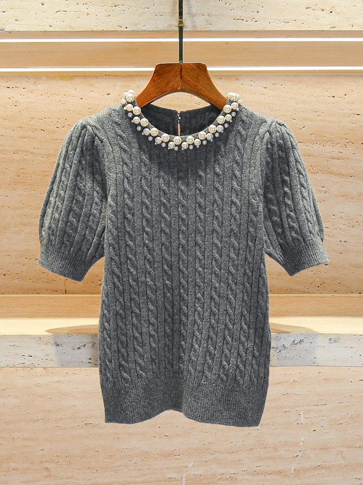 

Вязаный свитер Fene French Sle с рукавами-фонариками, украшенными бисером, для женщин, мягкий, удобный, с круглым вырезом, короткий рукав.