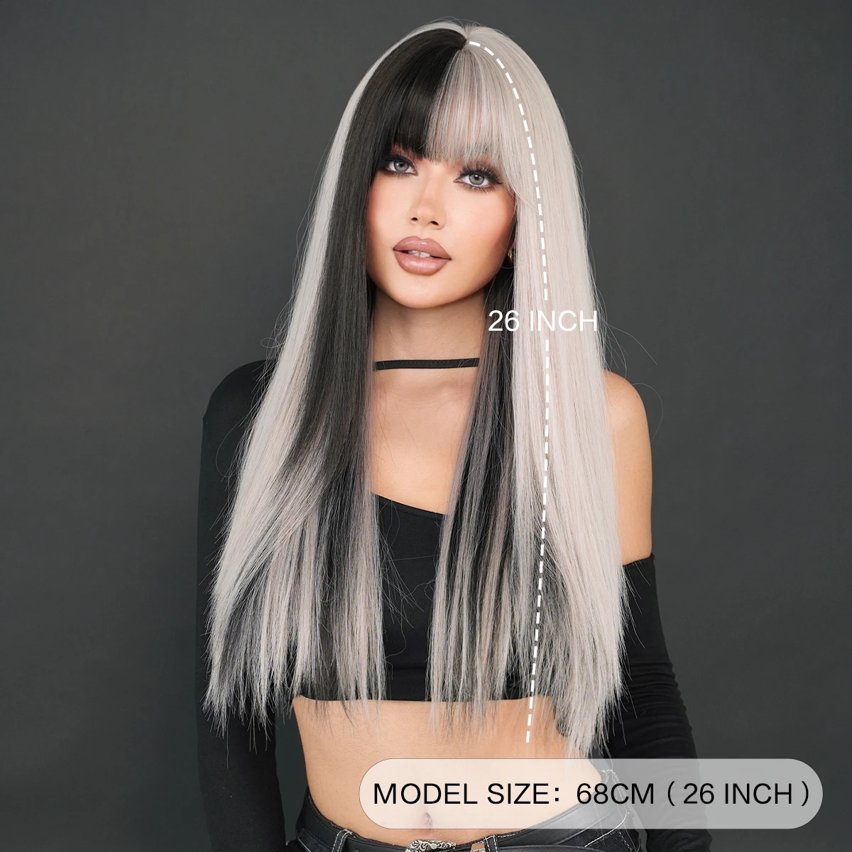 PARK YUN Long Body Straight Silver Ash Hair Wig with Bangs for Women Daily Party High Density Ombre Wigs Heat Resistant Fiber