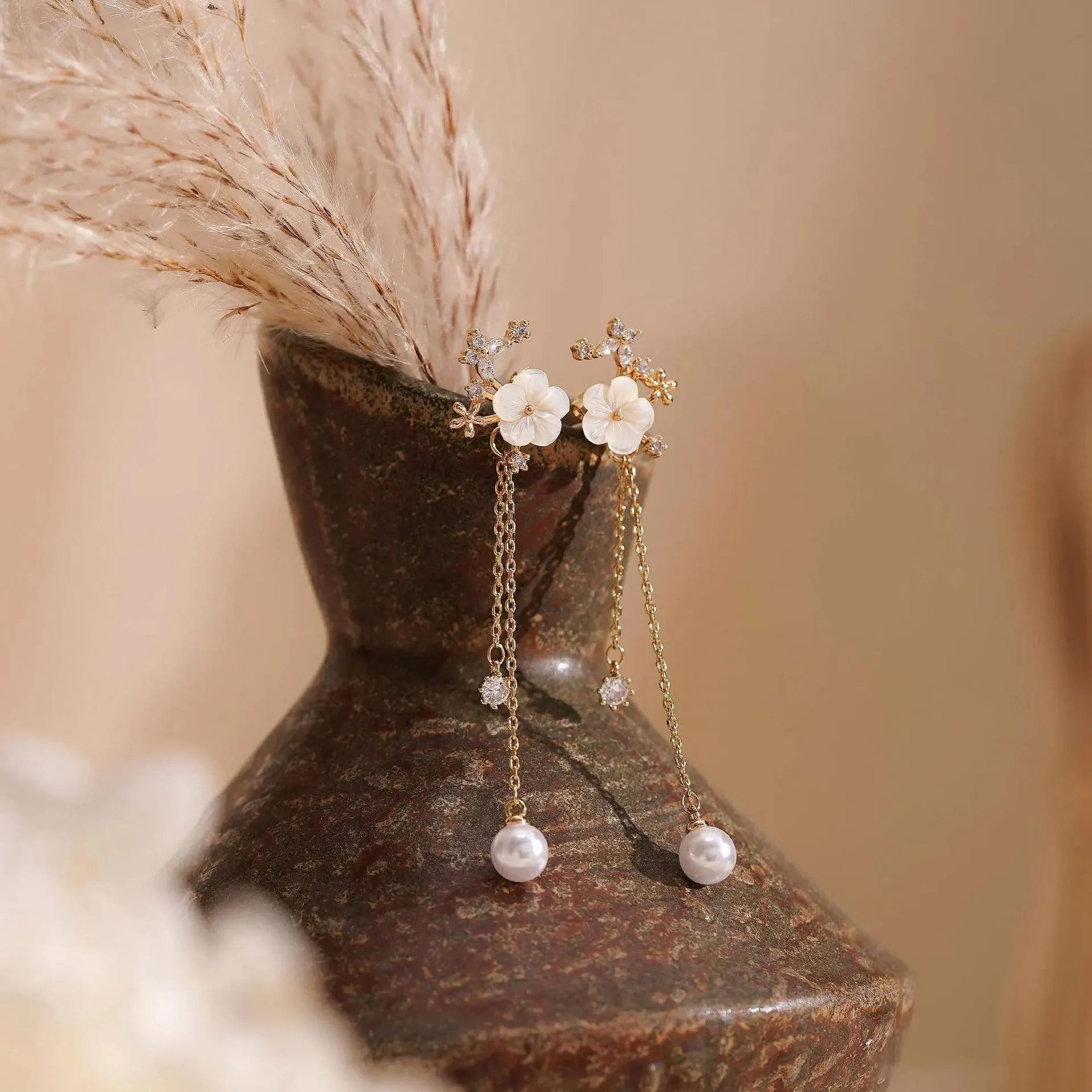 Dangle Pearl Drop Earrings For Women Trendy Long Threader Chain Dainty Flower Earrings Cute 14K Gold Statement Sparkly Jewelry