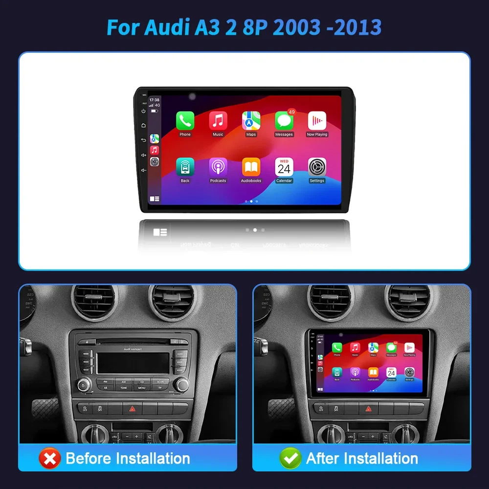 Для Audi A3 2 8P 2003-2013 Android OS Автомобильный радиоприемник Мультимедийный видеоплеер Навигация Беспроводной Carplay GPS 4G Сенсорный экран Стерео