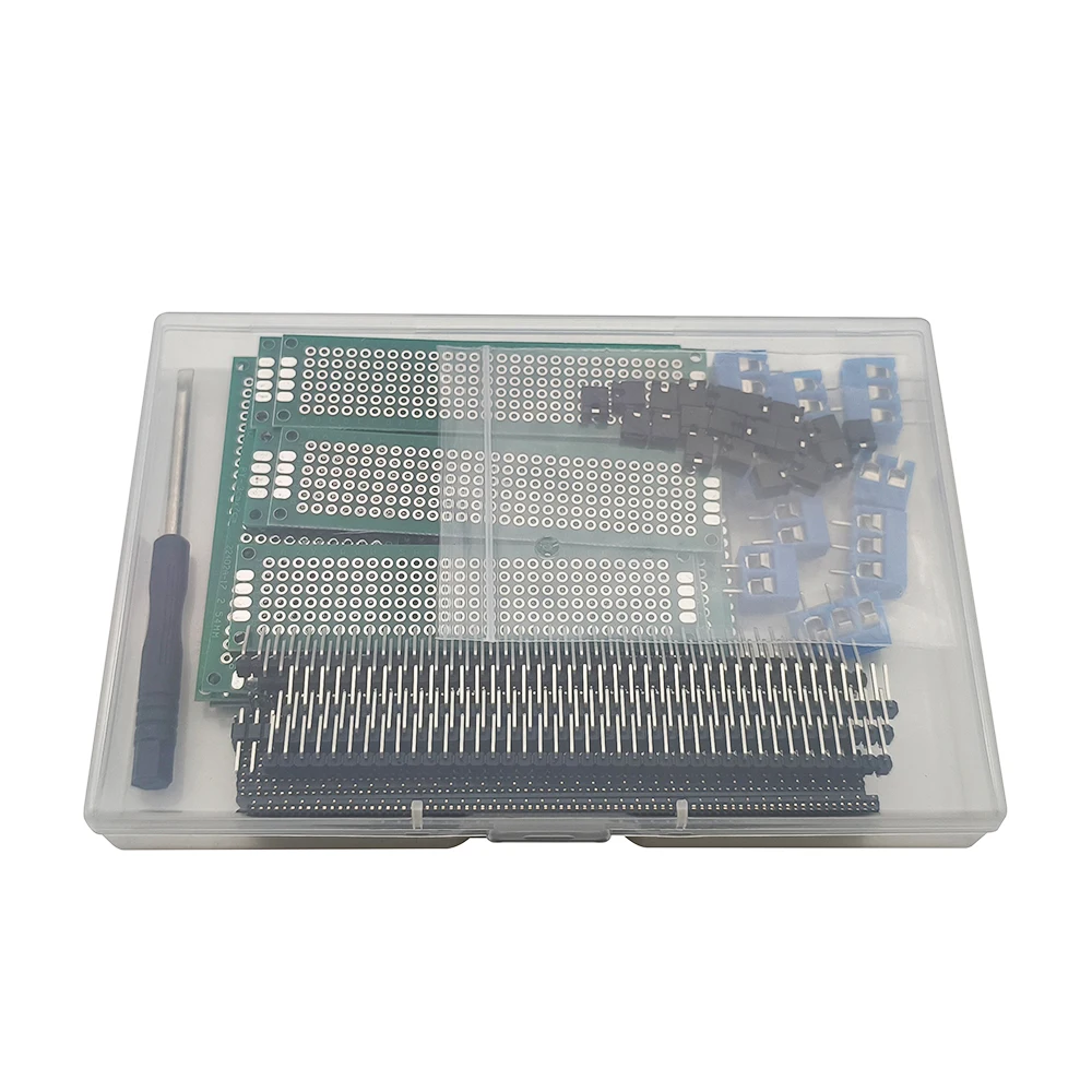 61Pcs/Box PCB Board Double Side Prototype Printed Circuit and Pin Headers Screw Terminal Blocks Connector Screwdriver DIY Kit