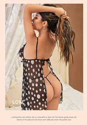 Women's Sexy Lingerie Plus Size Polka Dots Cupless Mesh Sheer Cami Pajamas Cut out Sleepwear Lingerie Dress with G-String 2 pcs