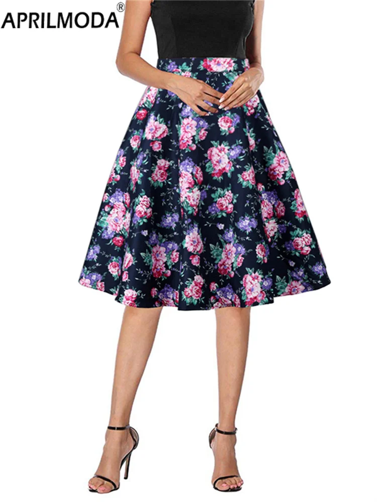 Kwiatowe nadruki Retro w stylu Vintage linia spódnice w stylu Swing kobiet 2024 lat 40. Lat 50. Z lat 60. Wysoka talia Midi bawełniana letnia spódnica Rockabilly Pinup