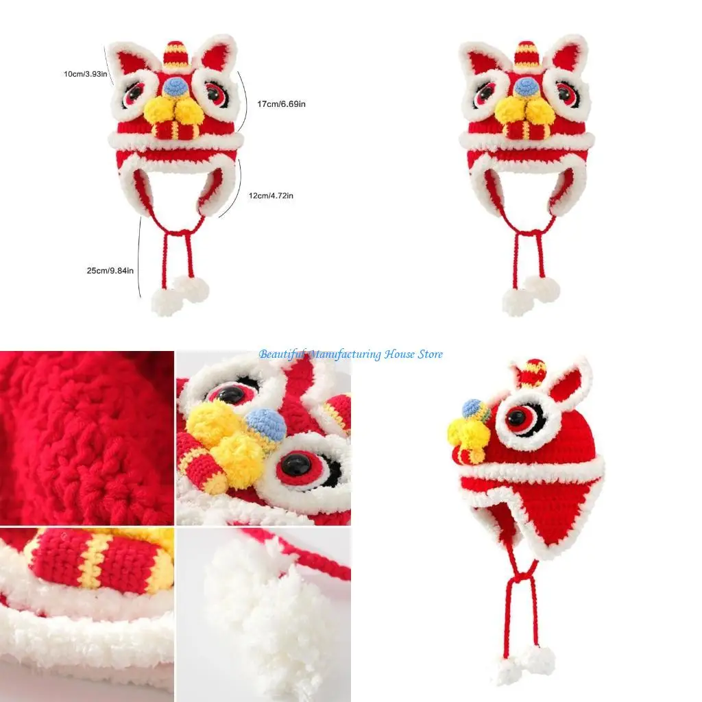 E56A Earflap Knit Warm Cap Red Lion Dance Hat Fleece Lined Beanie Winter Hat for Kids Children School Kindergarten