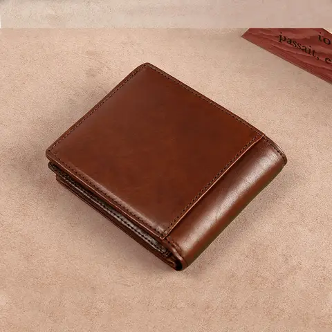 Carteira Vintage de Couro Genuíno para Homens com Bloqueio RFID, Couro Bovino de Camada Superior, Carteira Curta Dobrável Fina com Porta-Cartões de Identidade
