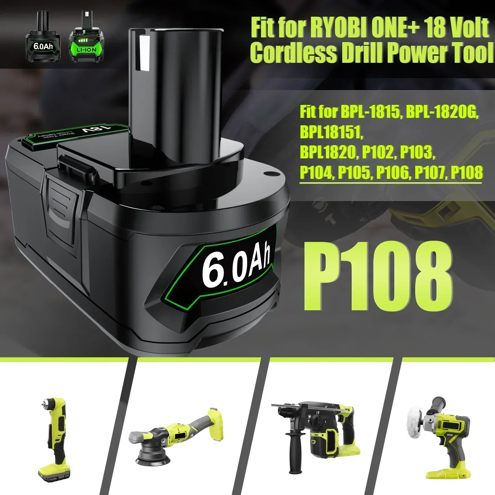  6.0 Ah For RYOBI P108 18V One+ Plus High Capacity Battery 18 Volt Lithium-Ion DP