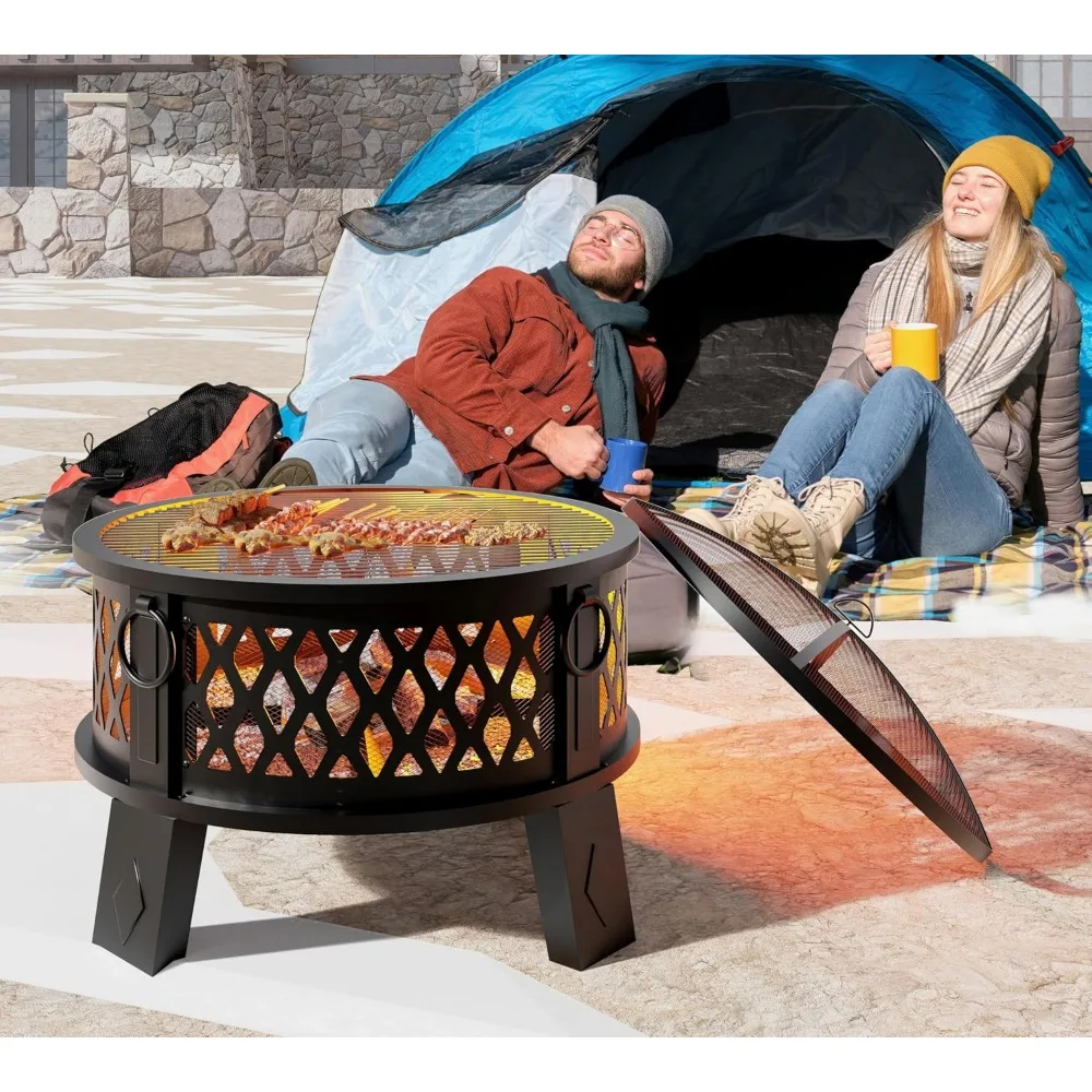 

Fire Beauty 26-Inch Steel Fire Pit with Grill and Diamond Mesh, 360° Airflow Technology for Reduced Smoke, XL Flames, and Heavy-