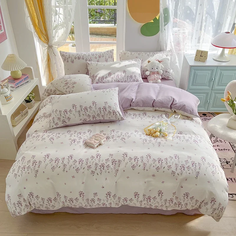 Botanical Floral Duvet Cover Twin Queen Size Garden Flower Comforter Cover 4Pcs Reversible Purple Bedding Set with Zipper Ties