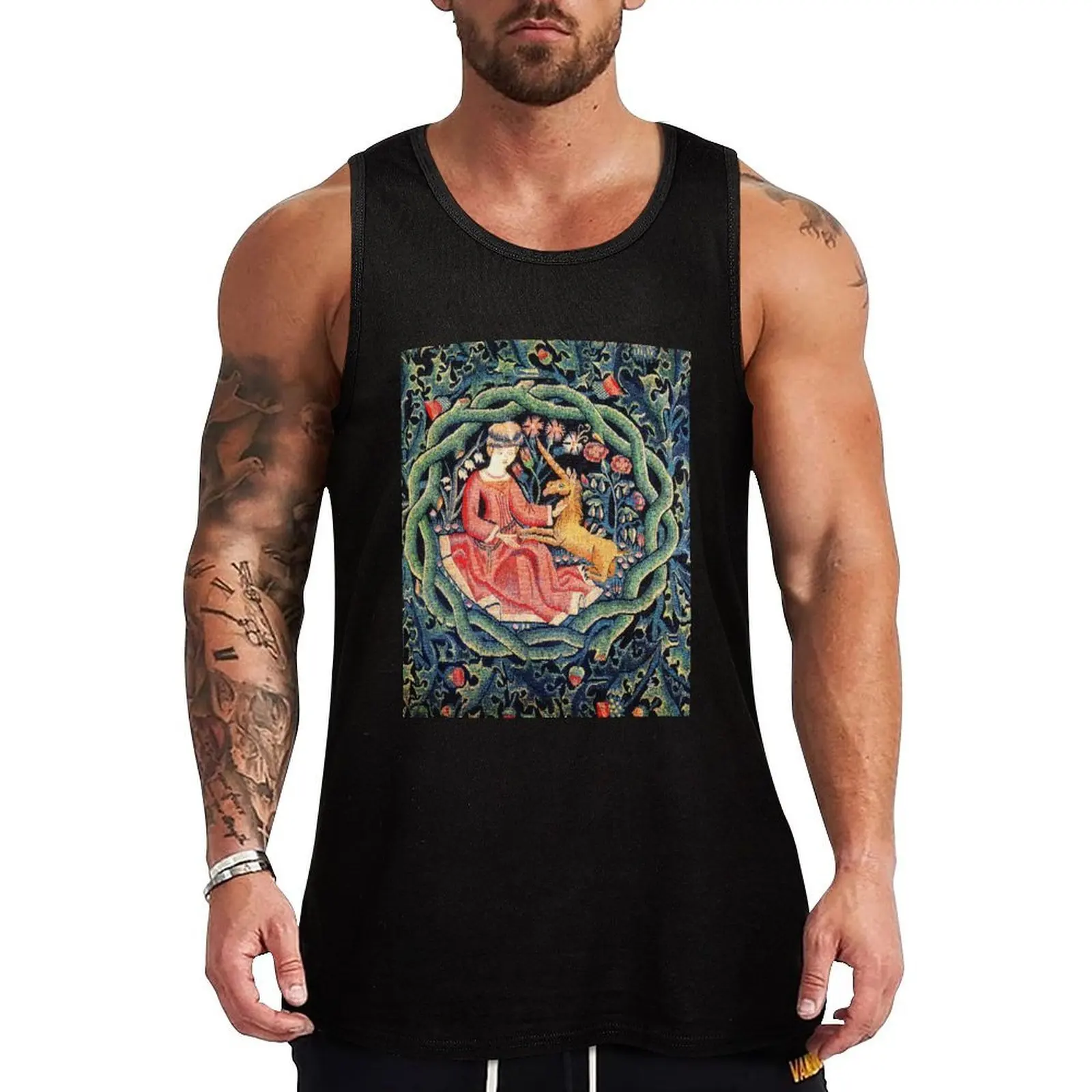 

LADY AND UNICORN CROWN WITH RED THISTLES ,WILD FLOWERS Antique Green Blue Floral Tank Top Men's gym articles anime gym Clothing