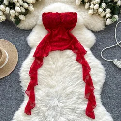 Chic Vintage tube top lace sleeveless ruffle asymmetrical Tank Top Korean Fashion Summer Beach Women Sling Crop Top