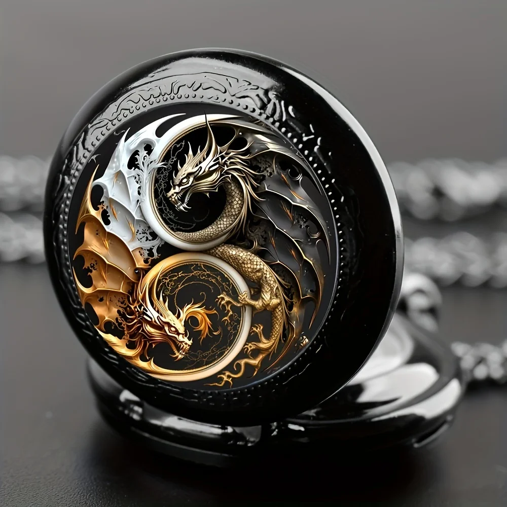 Exquisite Vintage Gold and Bronze Color Dragon Pocket Watch Design with Necklace,Precise Quartz Movement Watch,Gift for Men Kids