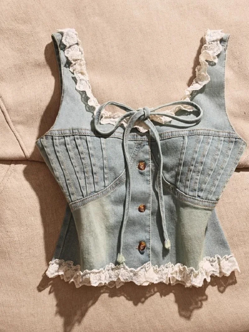 

Girls' Denim Lace Vest, Sleeveless Lace-up Top, Summer