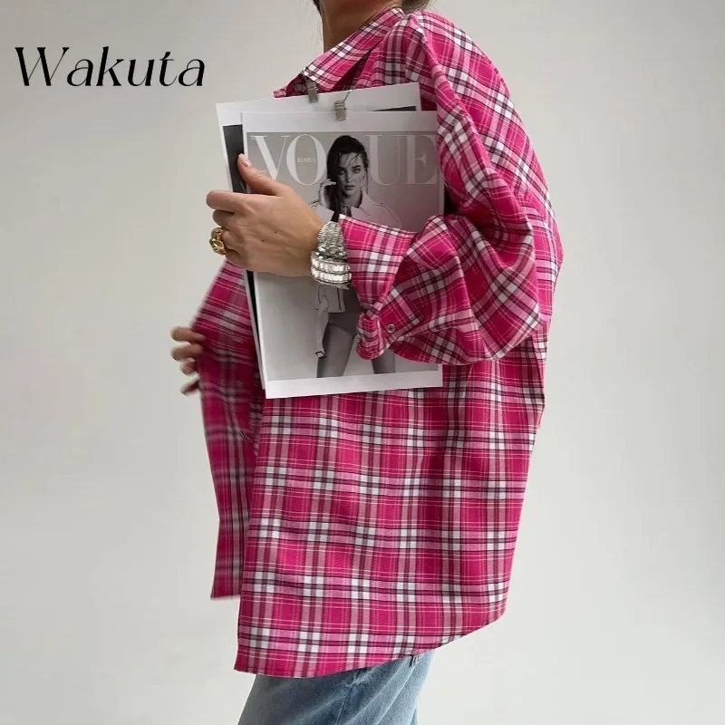 

WAKUTA Fall New Retro Lapel Long-sleeved Plaid Shirt Ins Girl Sense Outwear Shirt Single-breasted Streetwear Camisas De Mujer