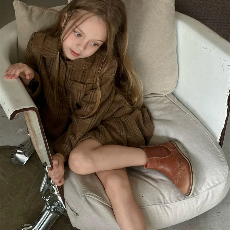 

Осень 2024, шерстяное пальто в клетку для девочек, комплект с юбкой средней длины, детская одежда для девочек