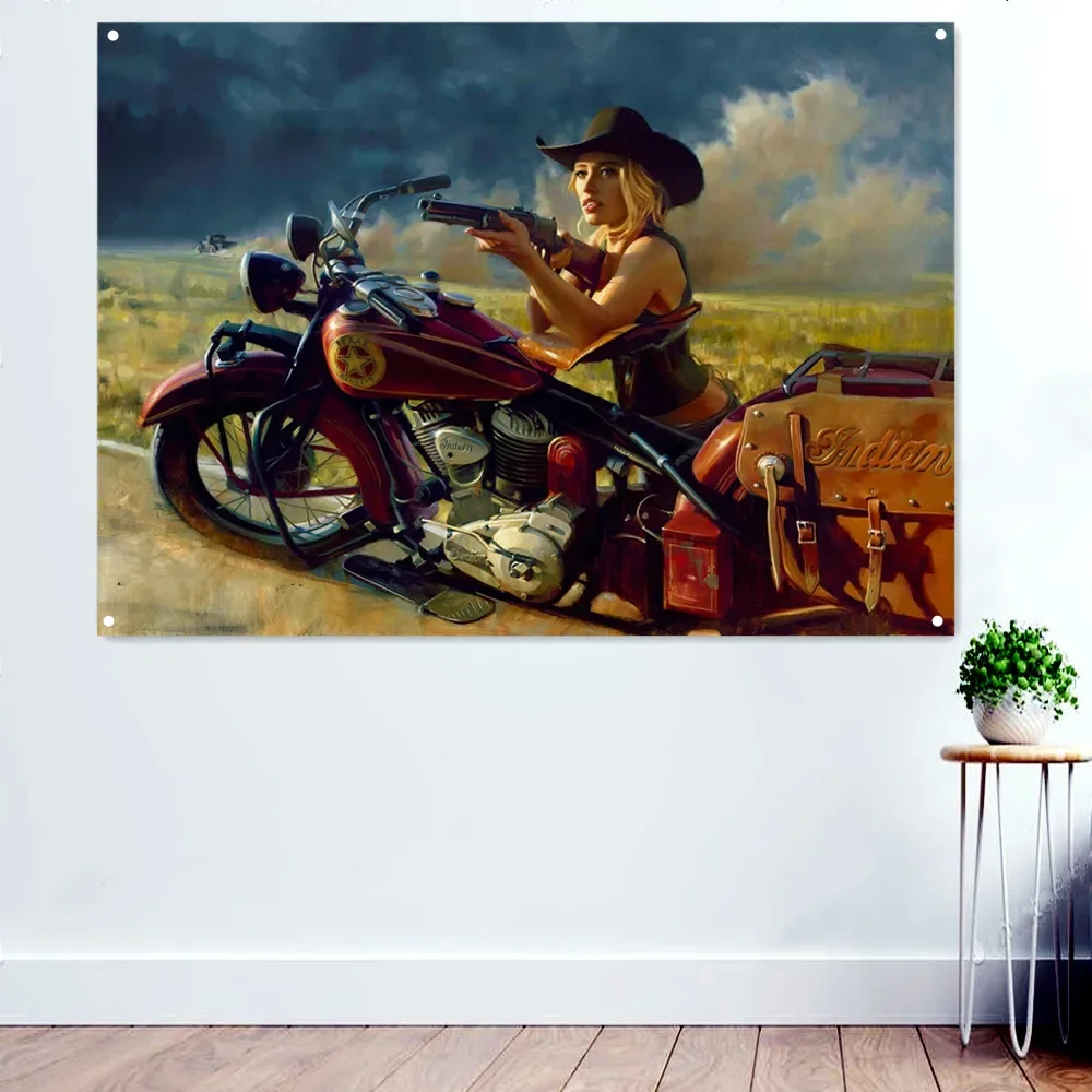 Cowgirl Motorcycle Rider Art Posters and Prints Wall Hanging Flag Wall Decorative Banner for Home Pub Club Bar Room Garage Decor
