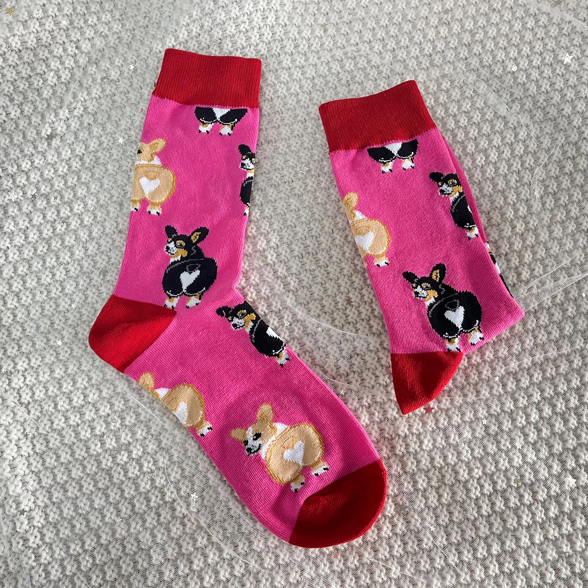 1 Pair Cartoon Cute Dog Corgi Print Fashion Unisex Mid Tube Socks Suit In All Seasons For Daily Street Sports