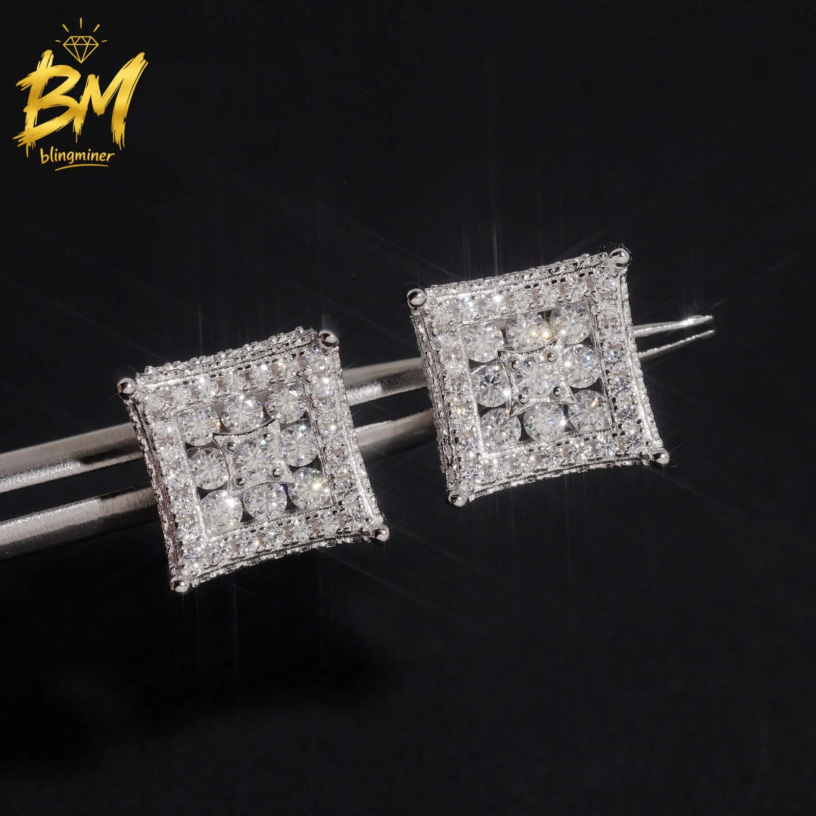 Blingminer 10mm Iced Out VVS Moissanite Earrings For Men Women S925 Silver Ear Studs Jewelry Pass Diamonds Tester Free Shipping