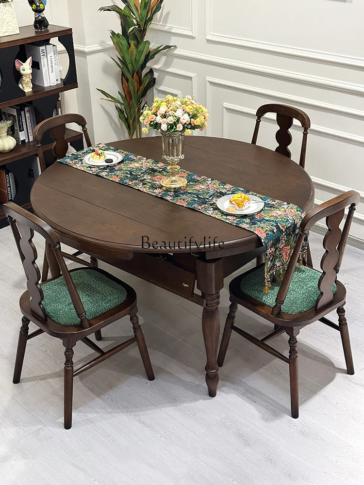 

American-style Solid Wood Extendable Dining Table Multi-functional Round Table Small Apartment