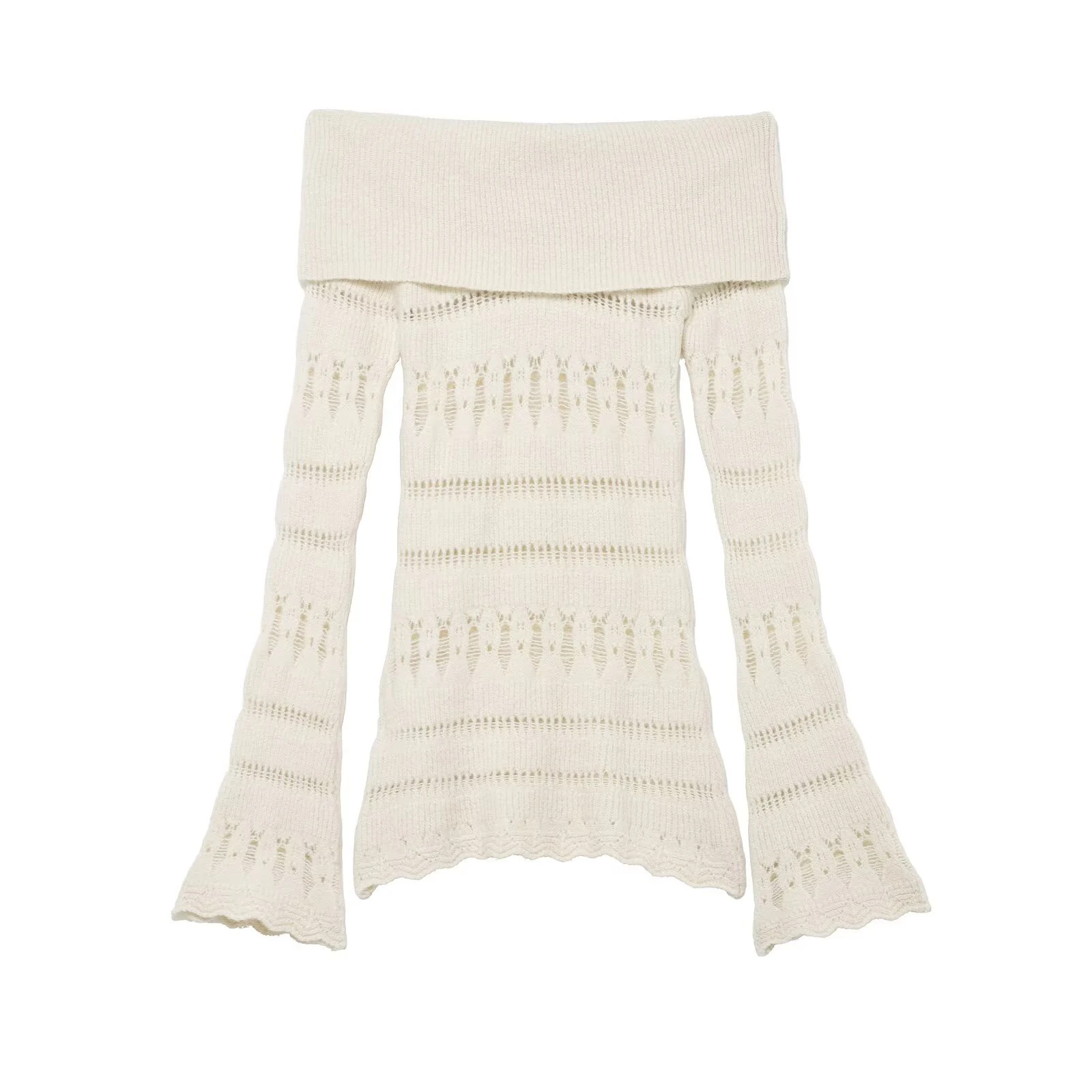 

2025 Winter New Product French Sweet and Fashionable One Collar Long Sleeve Hollow Out Shoulder Knitted Sweater