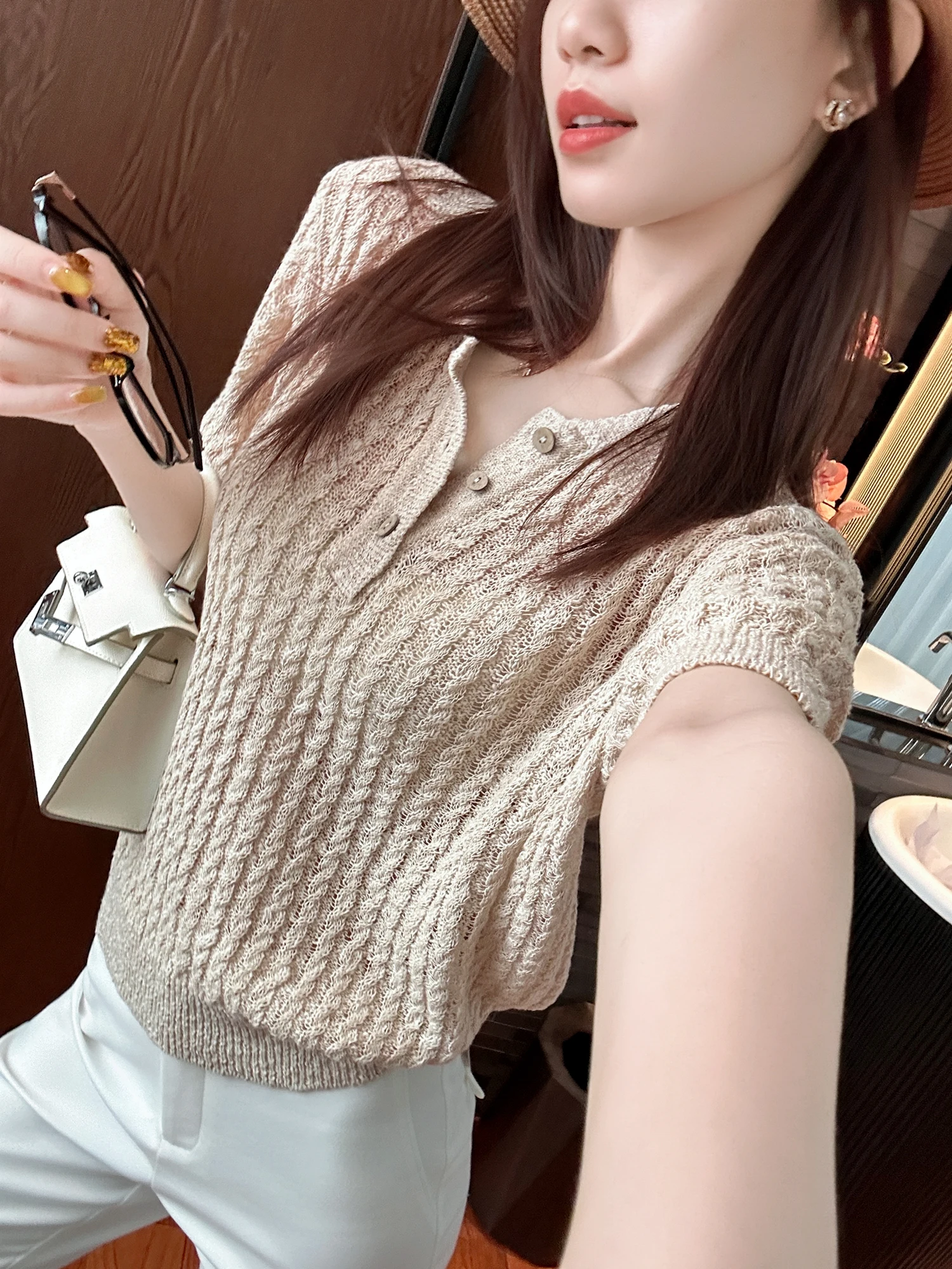 

Elegant Kaki Color Linen Texture Small Shirt Miu Style Commute OL Style Regular Fit Short Sleeve Women's Knitted Top