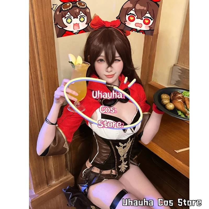

CR6.9*Amber Red Short Coat Pants Sexy Punk Y2K Fashion Suit Wigs Bow Halloween Cosplay Anime Game Genshin Impact High Quality