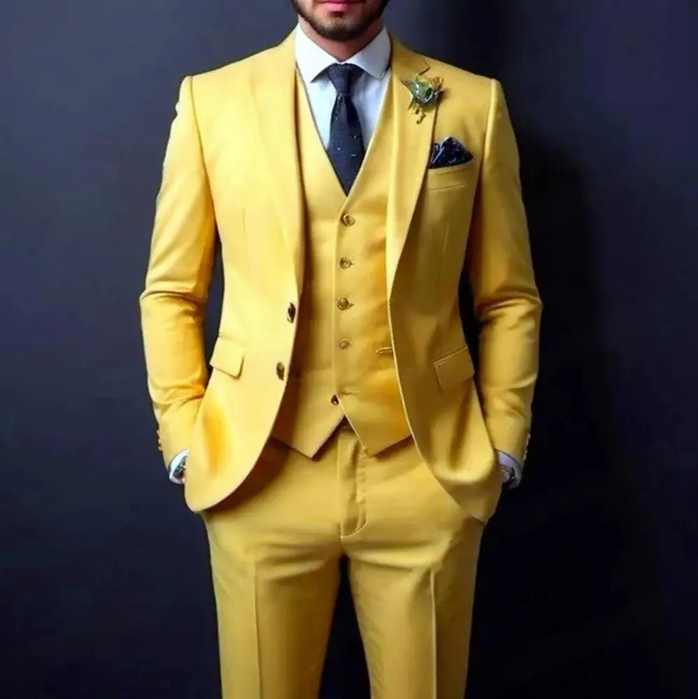 Classic 3PCS Men's Business Tuxedo Suit Yellow Notch Lapel Jacket Vest Pants Set Fashionable Groom Wedding Formal Male Suits