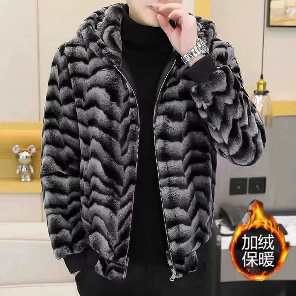 Autumn and winter imitation mink fur coat, high-end casual short warm hooded jacket, men's coat