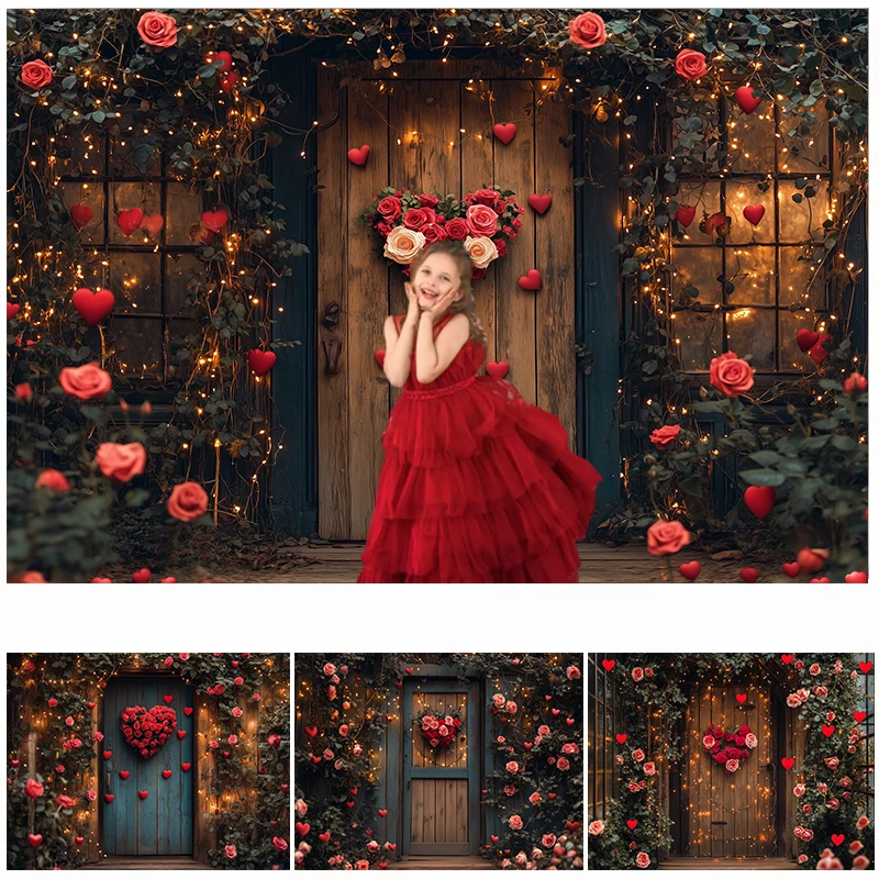 

LS Photography Background Valentine's Day Wooden Door Glitter Lights Love Roses Decor Kids Adult Art Portrait Photo Backdrop