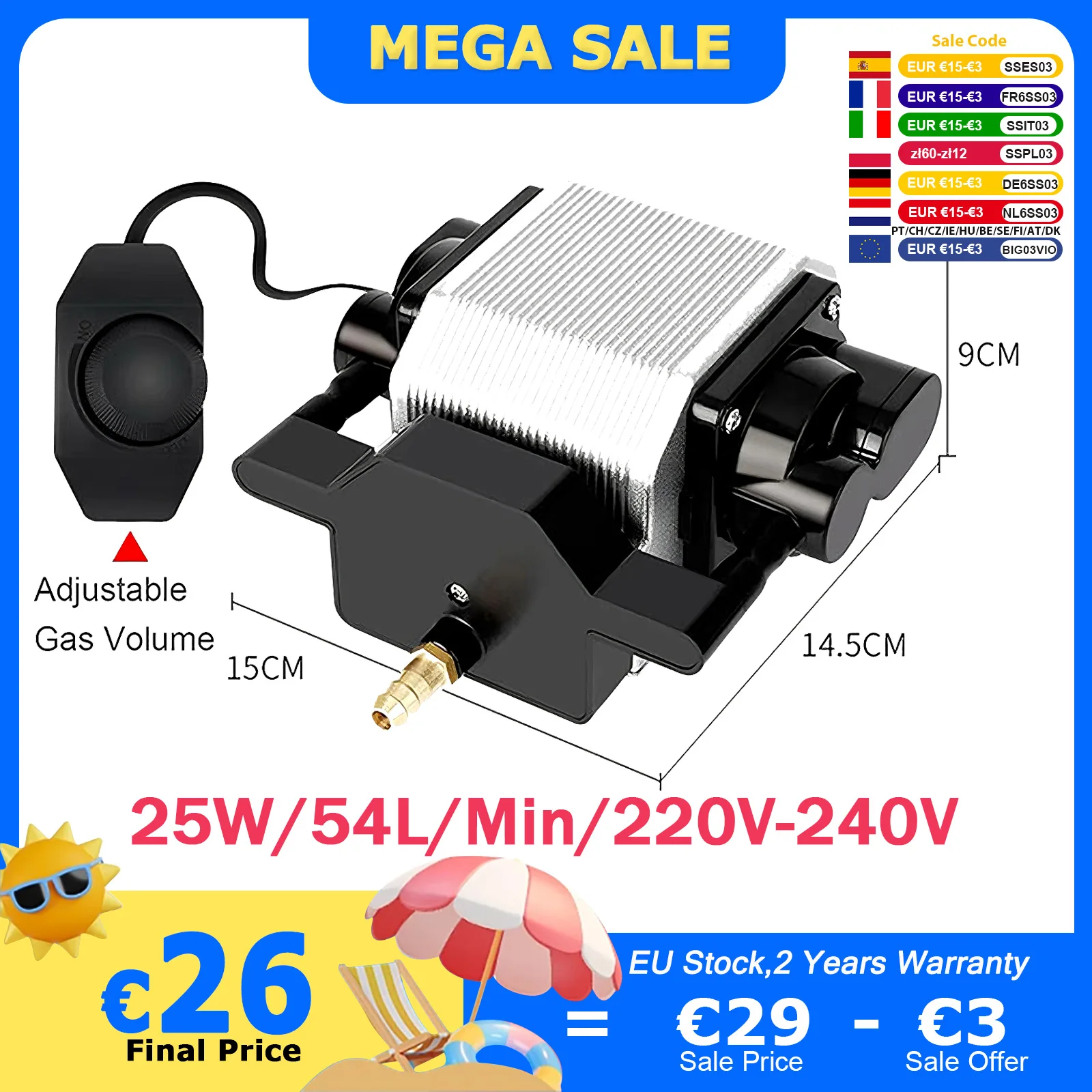 JUICEASE-Pompe à oxygène pour la gravure laser, compresseur d'air, précieux poisson, vitesse réglable, assistance à l'air, 25W, 220 V-240V, 54L par minute