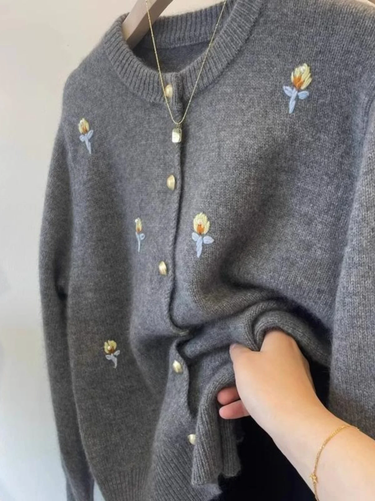 

Light ey Retro Embroidered Knitted Open Cardigan Women's Loose Soft Sweater Outerwear Spring Autumn Comfortable Long Sve