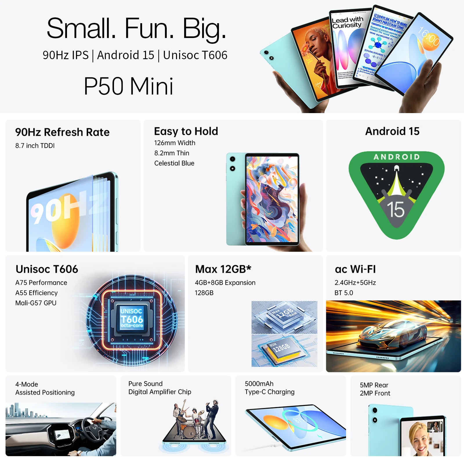 Teclast P50 Mini Tablet Android 15 8.7"IPS 90Hz 12GB(4GB+8GB Espansione)RAM 128GB ROM T606 8 Core 5000mAh GPS Widevine L1 Type-C