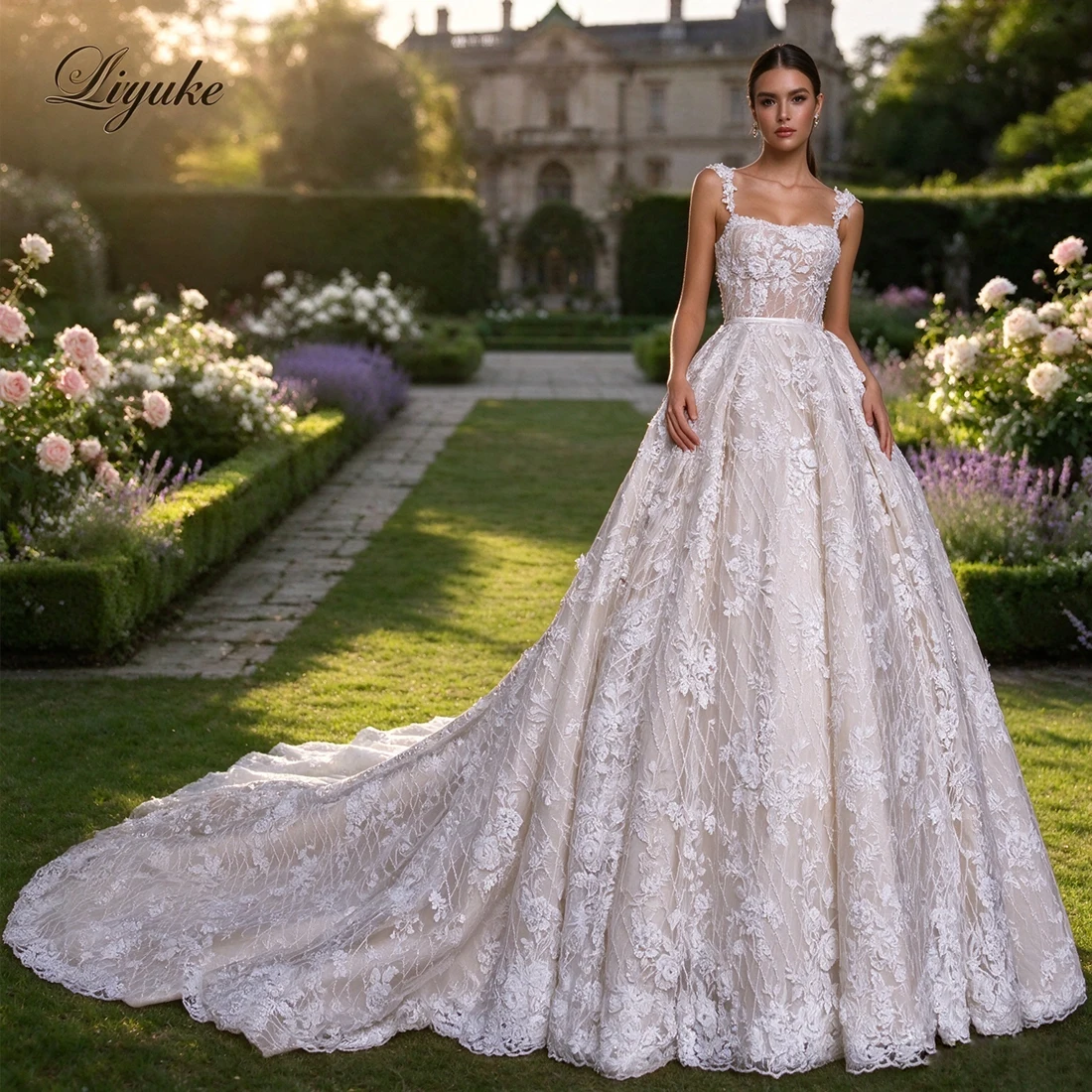 Liyuke Custom Made Gorgeous Full Of 3D Beading Lace Ball Gown Wedding Dresses Sleeveless Boat Neck Spaghetti Straps Wedding Gown