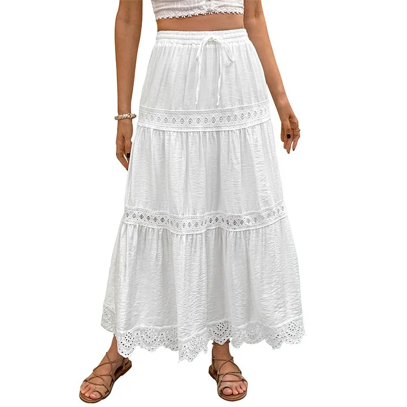 Women's Summer Skirt White Tiered Lace Trim Midi Length Skirts Boho Eyelet Lace Detail Maxi Skirt Drawstring Waist Solid Color