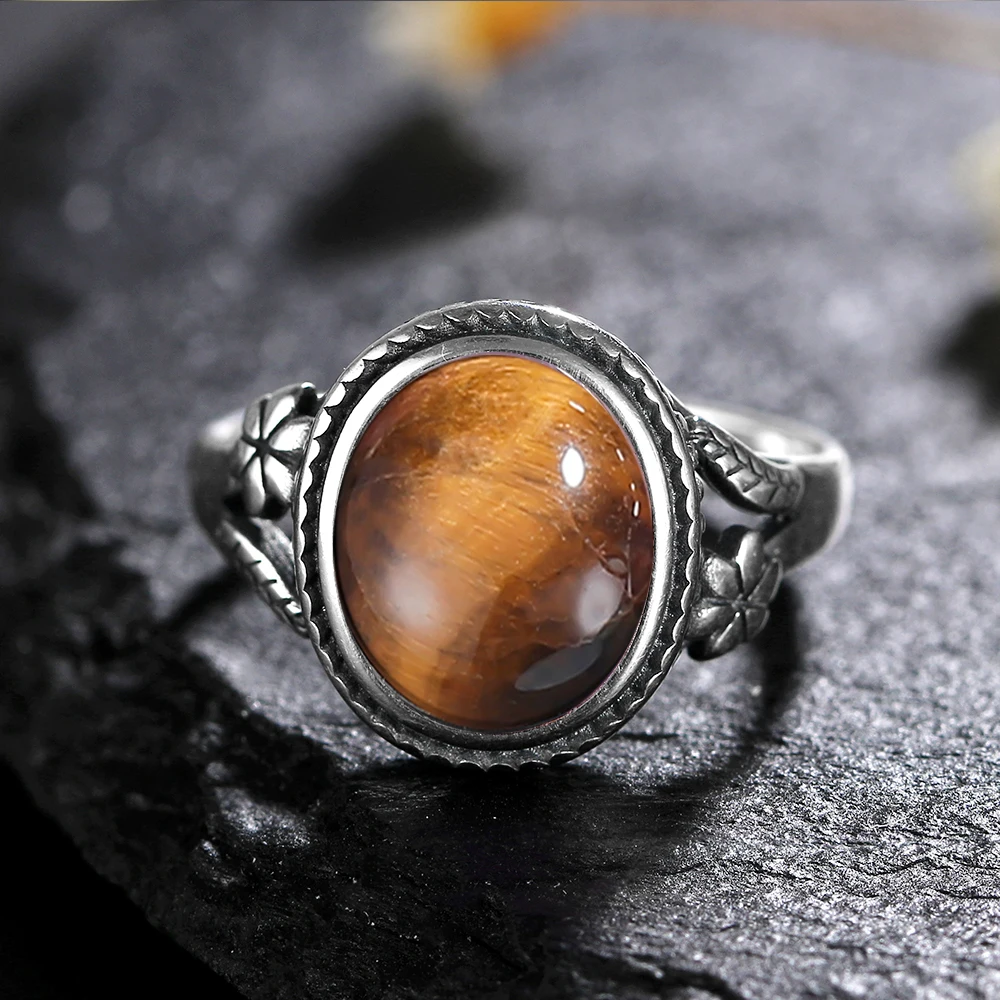Natural Stone 925 Sterling Silver Ring Tiger Eye  Stone Retro Engagement Wedding Party Gift for Women Jewelry