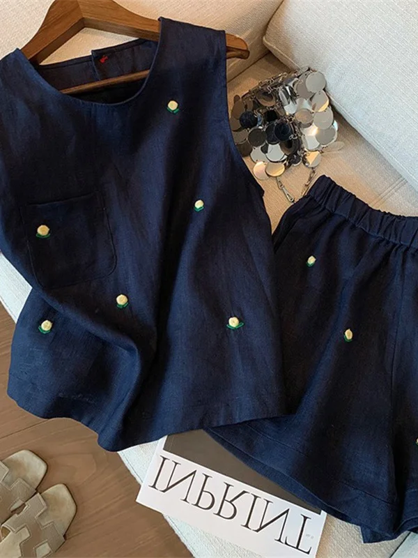 

Summer Floral Linen Vest And orts Set Women's Faion Versatile Loose Fit Outfit Cotton round Ne Two Piece Set