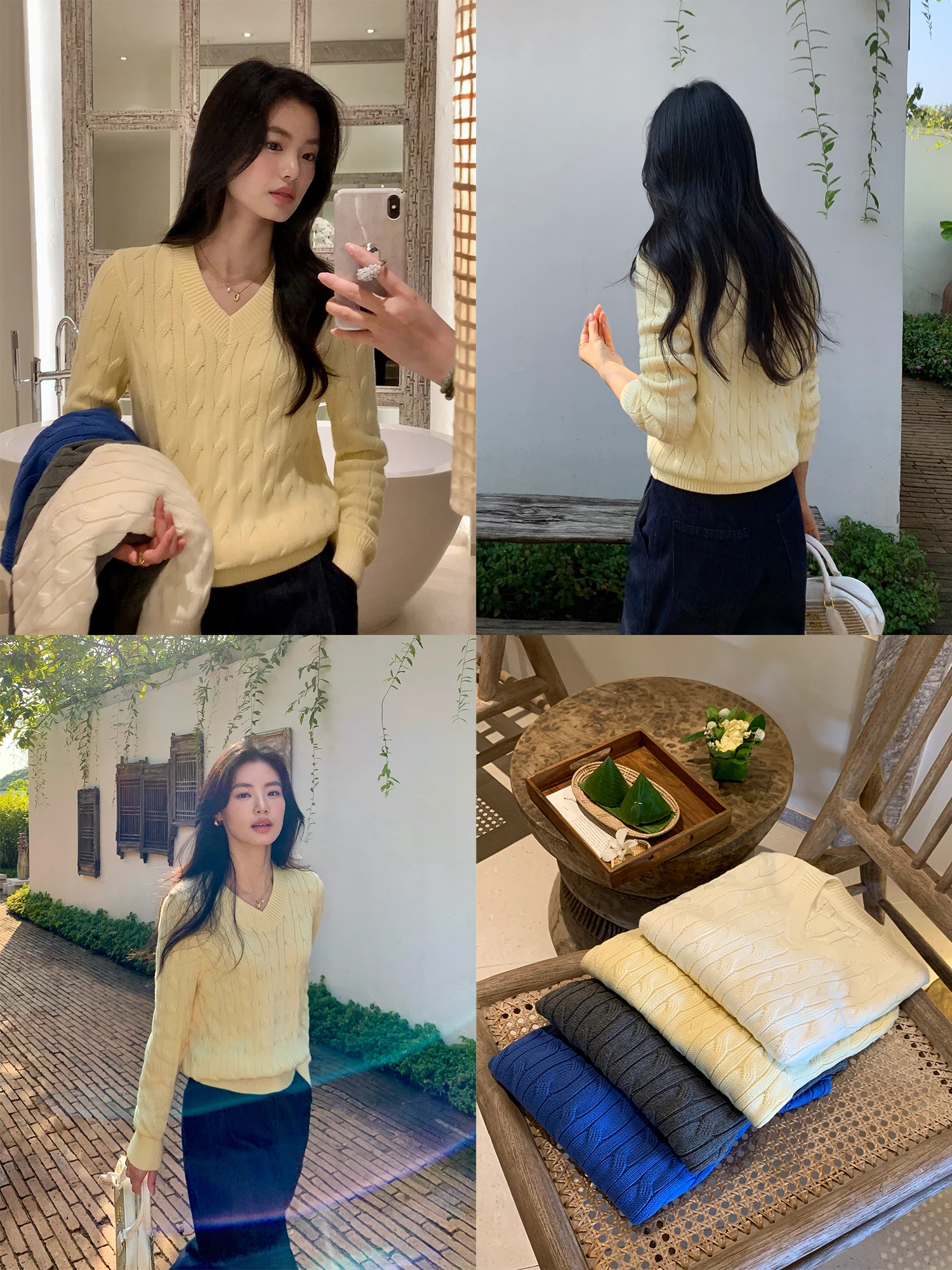 

Pusumede Yellow V-Ne Long Sve Knitted Sweater Women's Loose Design Casual Sle Spring Faion Top Quali Cotton 00%