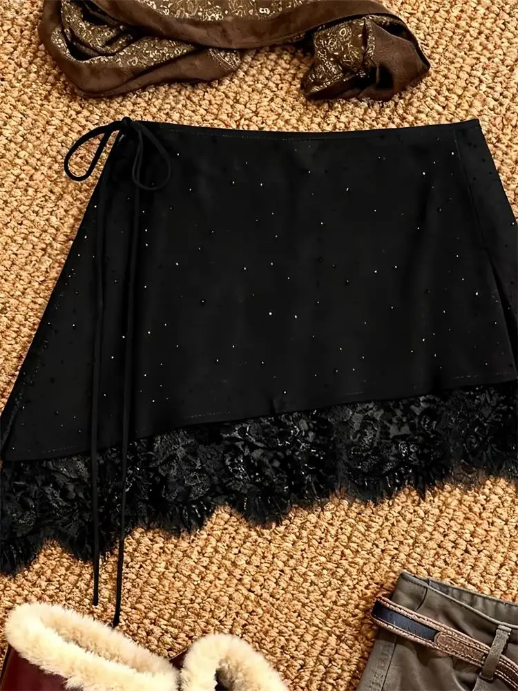 Casual Lace Half Skirt Women's Outerwear Spring 2026 Fashion Diamond Heat Transfer Skirt High Waist Asymmetric A-Line Skirt