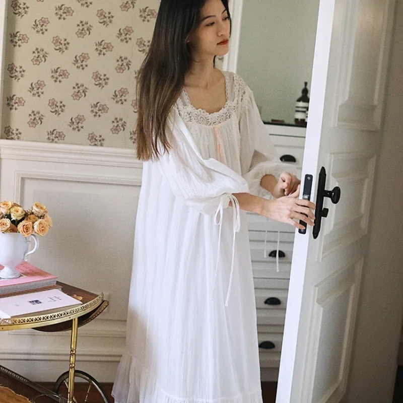 White Fairy Pure Cotton Full Sleeve Nightgown Vintage Victorian Princess Long Sleepwear Sweet Winter Square Collar Nightdress